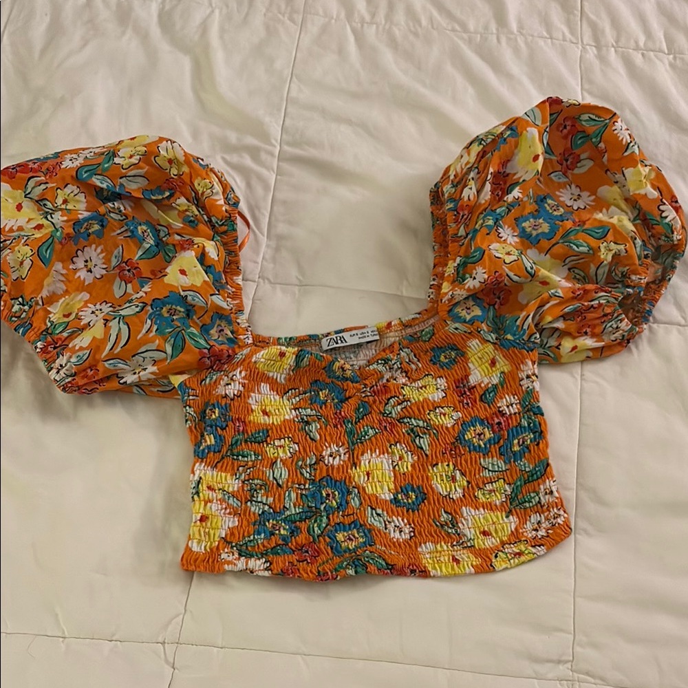 Zara Orange Blue Puffed Crop Blouse